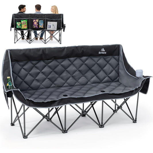 3 Person Camping Chair Oversized Padded Loveseat Camping Chairs Heavy Duty Folding Outdoor Couch with Cup Holder & Phone Side Pocket Extra Wide Outdoor Loveseat for Camping, Tailgating, Lawn Black