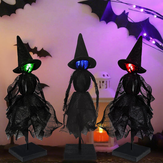 DIYDEC Witch Indoor Decorations 3pcs Halloween Witch on Wooden Stand With Light Up Halloween Table Centerpieces Signs for Home Shelf Mantels Kitchen Indoor Decorations Gifts