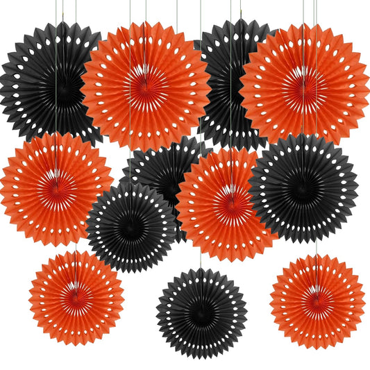 CC wonderland zone 12PCS Black and Orange Paper Fans Party Decorations,Hanging Ceiling Honeycomb Round Tissue Paper Fans for Halloween Party Decorations