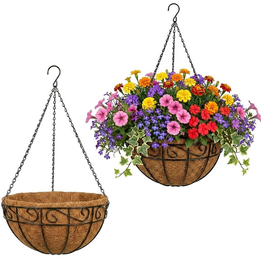 HZXXJCO 2 Pack Hanging Baskets for Plants Outdoor 14 Inch Metal Hanging Planters with Coco Coir Liner, Round Hanging Flower Pots for Home Garden Patio Balcony Porch