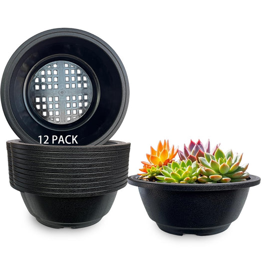 MUZHI 12PACK Matte Black Succulent Bonsai Round Planter Bowl Pot with Drainage, Plastic Cactus Flat Garden Plant Bowl Pots 6.3”