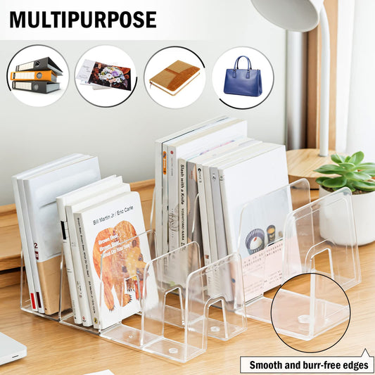 Lunmore Clear Desktop Book Organizer, Creative Book Stand, Divider Bookshelf for Home School and Office, Non-Acrylic Stand Bookshelves (4 Sections), Transparent, Pack of 2