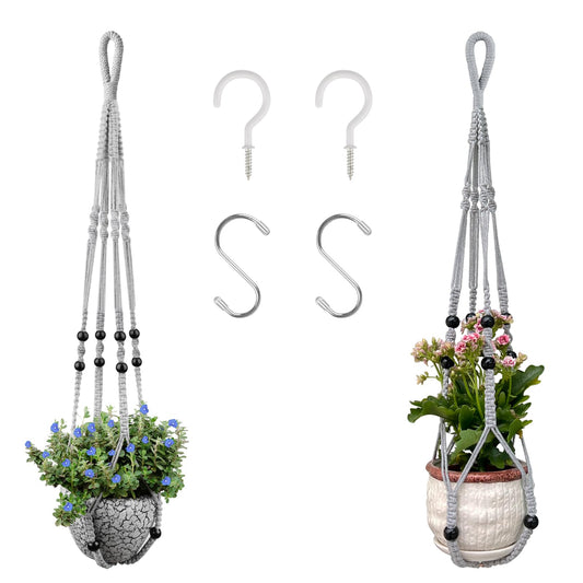 Macrame Plant Hanger for 5 to 10 Inch Plant Pots, Set of 2 Indoor Handmade 35 Inch Woven Rope Hanger Kits with Hooks and Wood Beads, Hanging Planter Basket Holder for Boho Home Decor (Grey, 2 Pack)