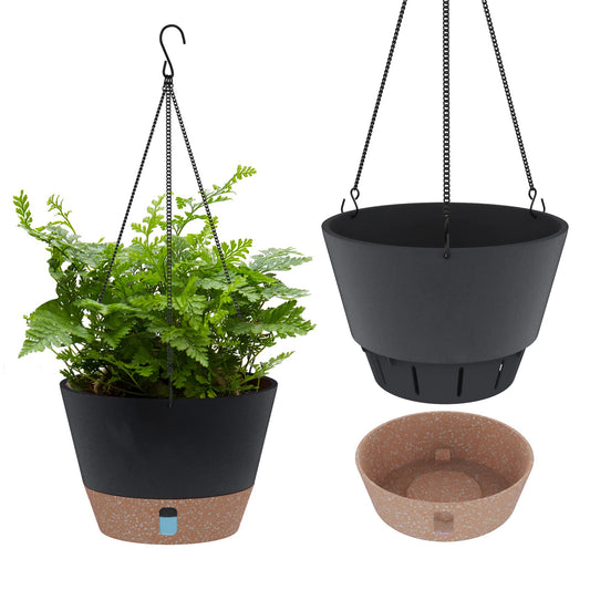 SOSMAR 2 Pack Hanging Planters, 10 Inch Hanging Pots with Visible Water Level, 6 Pcs Hooks, Decorative Flower Pot Holder with Drainage for Indoor Outdoor Use