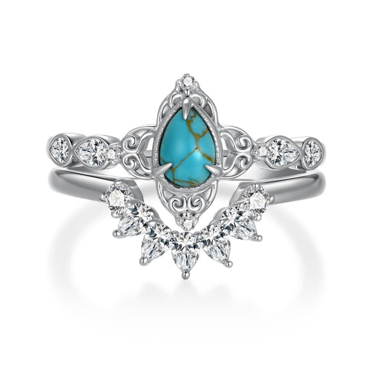 Genuine Turquoise Wedding Ring Set for Women 925 Sterling Silver Engagement Ring Sets Wedding Ring Set Real Turquoise Jewelry for Women (Size 7)
