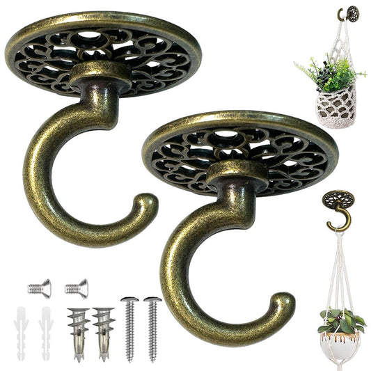 Evsteluo Heavy Duty Ceiling & Wall Hook for Hanging Plants – Holds Up to 50 lbs – – Includes All Mounting Hardware for Drywall, Wood, Cement (2, Antique Brass)