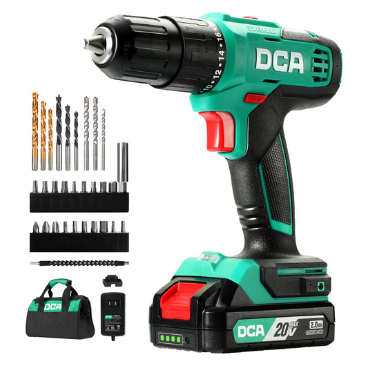 DCA 20V Cordless Hammer Drill Set, 354 In-lb Torque, 1/2" Keyless Chuck, 22500 IPM, 2 Variable Speeds, 18+1+1 Position, Power Impact drill with 14 Drill/Driver Bits for Brick, Metal, Wood ADJZ2035i13