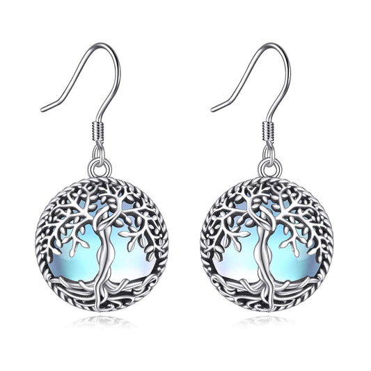 ONEFINITY Moonstone Tree of Life Sterling Silver Dangle Drop Earrings