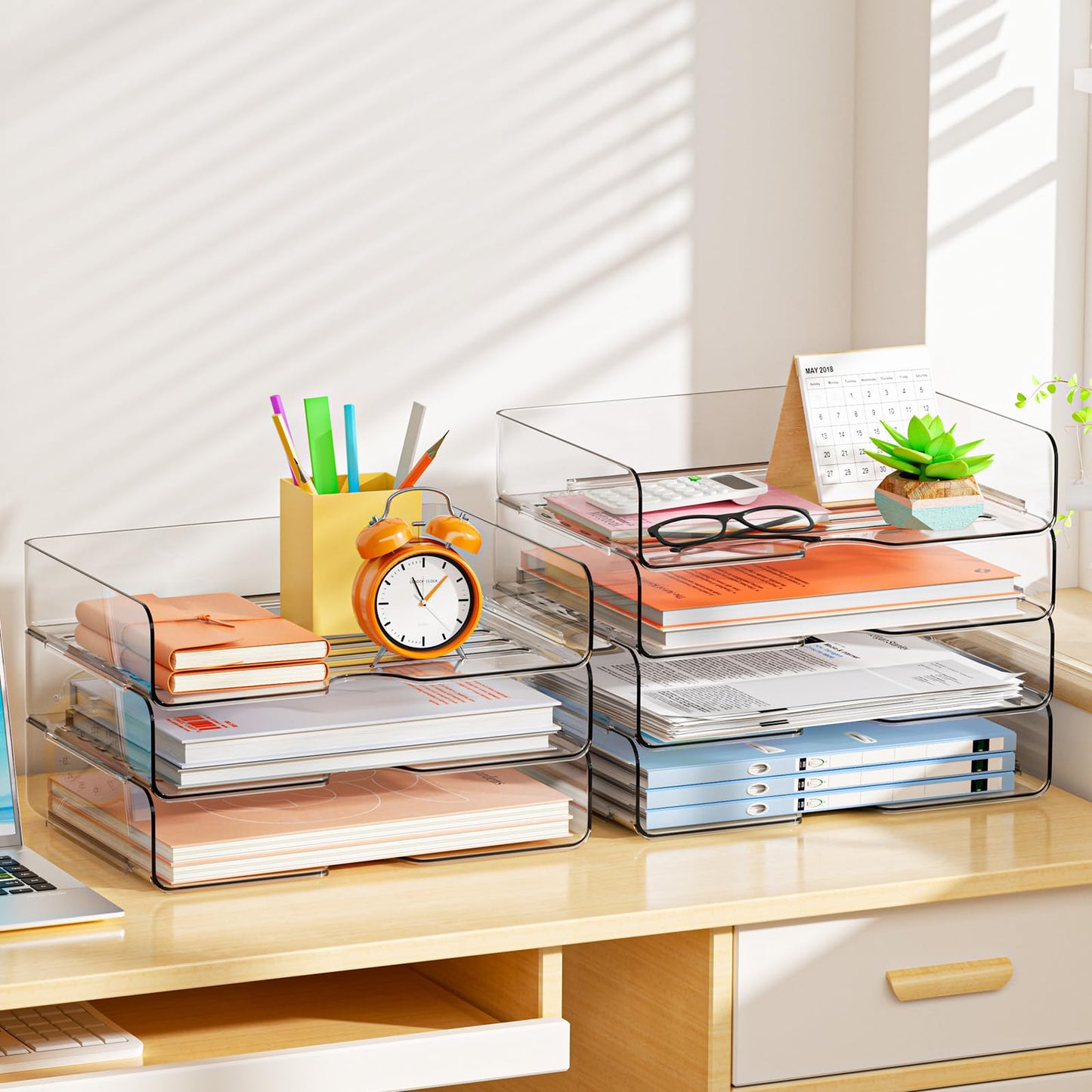 YKLSLH 4 Trays Paper Organizer Letter Tray - Acrylic Desk File Organizer, Stackable Clear Paper Holder Sorter Office Organizer for Letter/A4, Office File Ipad Books Notes Etc