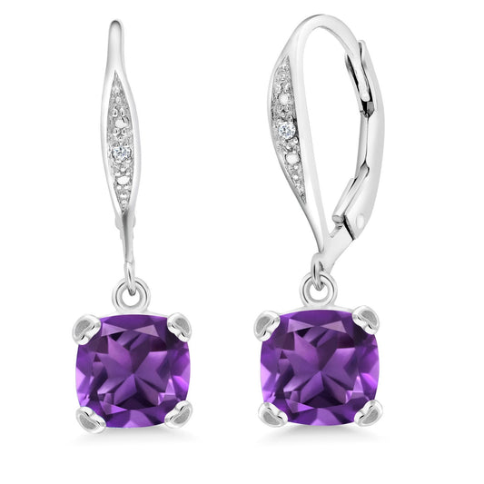 Gem Stone King Drop Dangle Earrings For Women | 7MM Cushion Cut Gemstone Birthstone and Diamond | 925 Sterling Silver | Jewelry Gift for Mom Wife Her | Amethyst-February | Sterling Silver
