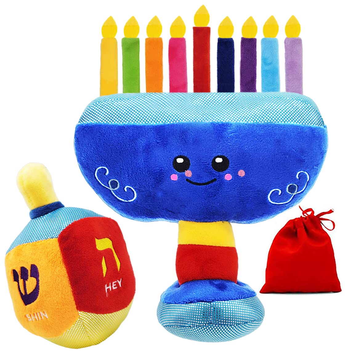 Plush Hanukkah Menorah & Plush Dreidel Toy Musical Menorah Plays 2 Classic Hanukkah Melodies Includes Removable Chanukah Candles & Candle Bag with Rattle Dreidel