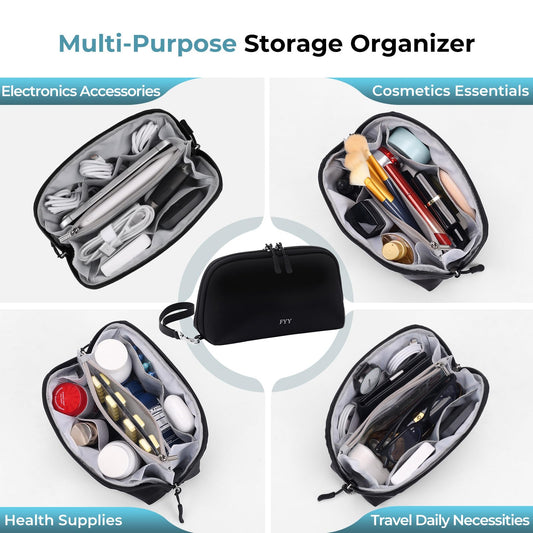FYY Travel Cable Organizer - 8 Compartments Lightweight Water Resistant Tech Pouch with Wrist Strap, Portable Electronic Accessories Case for Cord Charger Storage for Travel Home Office, Black (Small)