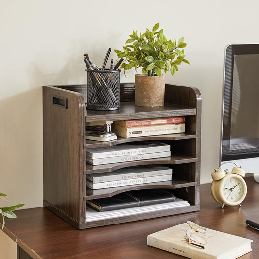 YMYNY Desktop File Organizer with Handle, Document Letter Mail Tray Sorter with 3 Adjustable Shelves, 5 Tiers Paper Holder for Home Office Desk, Black Gray,13.4 * 12.4 * 9.06" UHBC006G