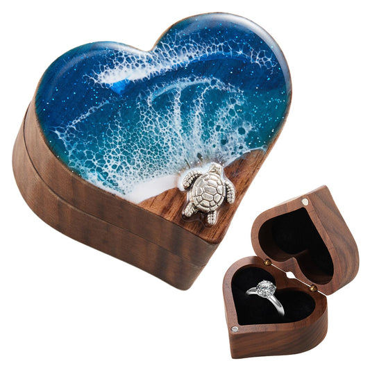 SAMAH Ocean Resin Heart Engagement Ring Box, Birthday Gifts for Women Mom, Personalized Walnut Wooden Ring Box, Ring Display Box for Proposal, Wedding, Anniversary, Valentine's Day, Mothers Day Gifts
