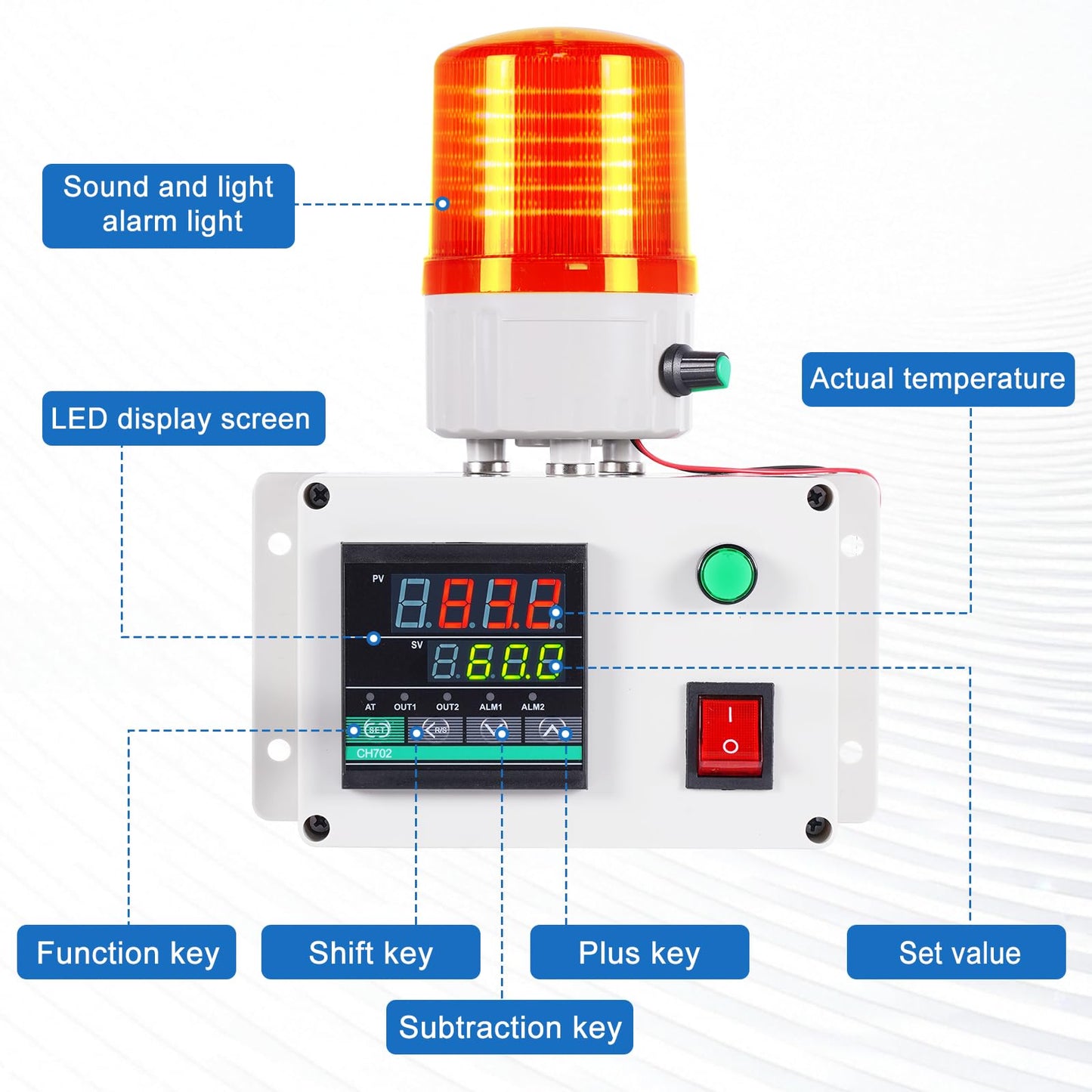 JIAWANSHUN High Precision Industrial Temperature Alarm, -326.2°F-1202°F ±0.18°F, Dual Limit Alarm with Self-Calibration, Audio Visual Alert for Hatchery, Greenhouse, Farm & Fish Pond