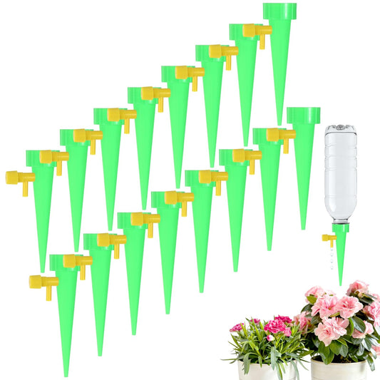 M METERXITY 16-Pack Self Watering Spikes for Plants, 4.3 Inch Plastic Plant Watering Devices with 16 Regulator for Indoor/Outdoor Pots, Garden Water Planter System [Green]