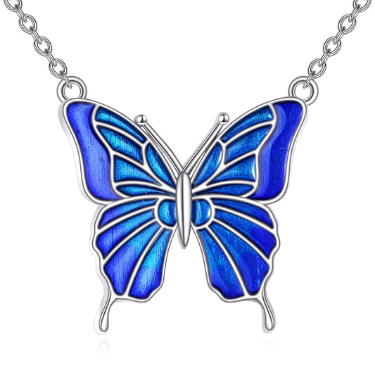 KQF Butterfly Necklace 925 Sterling Silver Blue Butterfly Pendant Necklace Jewelry Gift for Women Mom Daughter