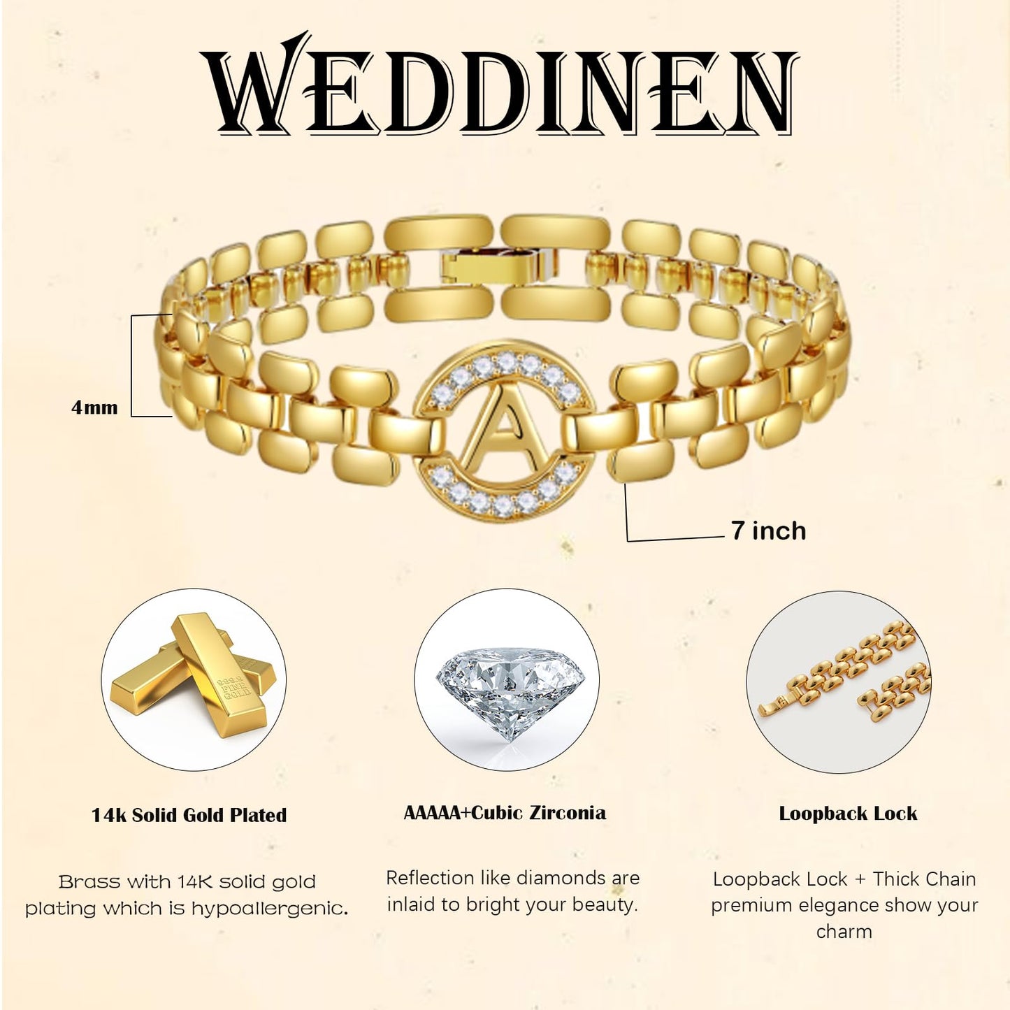 WEDDINEN Initial Bracelet,14K Gold Plated Letter Bracelets for Women, Thick Bangle Wrist Gold Alphabet Bracelet for Women, Christmas Gifts for Women Jewelry Initial O Charm Chain