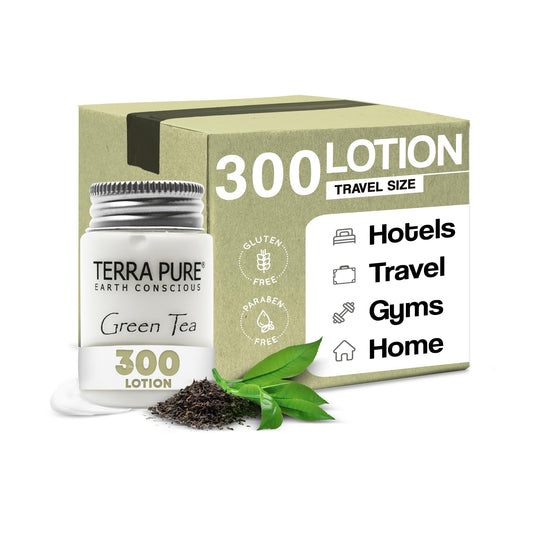 Terra Pure Travel Size Hotel Body Lotion 300 Count 1 oz Bottles Guest Amenities for Hotels Vacation Rentals and Short Term Rentals Paraben Free Green Tea Scent Infused with Aloe and Olive Oil