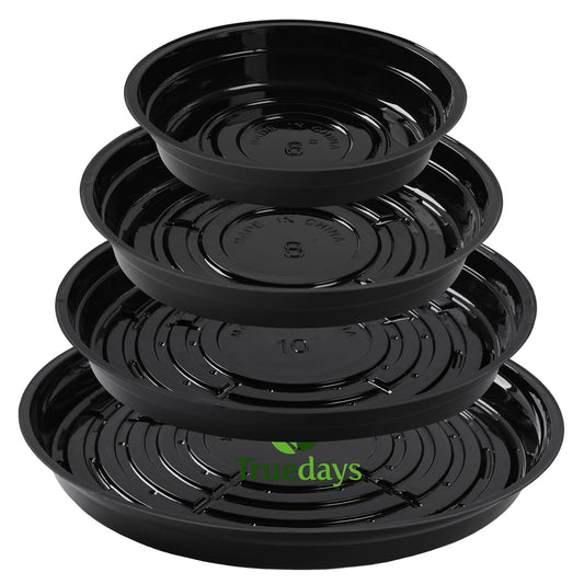 TRUEDAYS 20 Pack Black Plant Saucers – 4 Sizes (6"/8"/10"/12") Plastic Flower Pot Trays for Indoor & Outdoor Plants, Drip Trays to Protect Floors & Surfaces