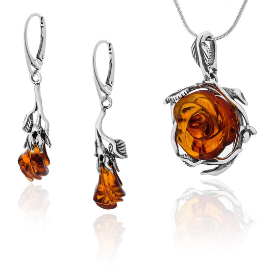 AMBEDORA Women's Jewellery Set Amber 060B, Oxidised Sterling Silver, Hand Carved Amber Roses in Cognac Colour, Silver Pendant on Chain and Earrings