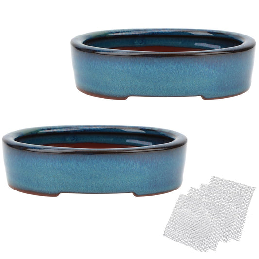 Bonsai Planter Succulent 5.9" Small Glazed Pots Value Set 2 + 4 Soft Mesh Drainage Screens