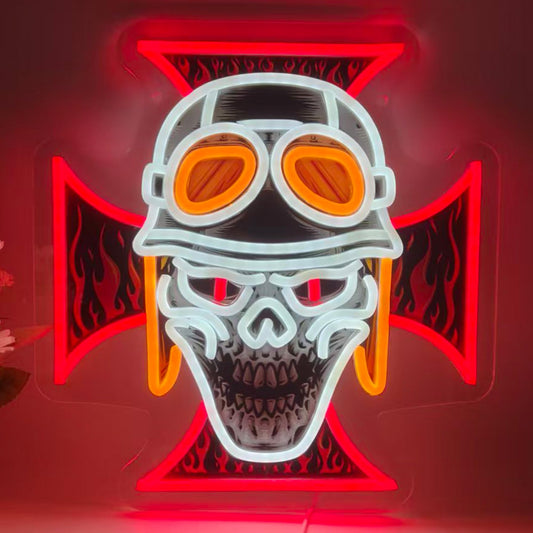 The Skull and the Ghosts of History LED Neon Signs for Wall Decor,Skull & Cross with Flames Neon Lights for Home, Bar, Man Cave, Gothic Decor, Vintage Style Lighting