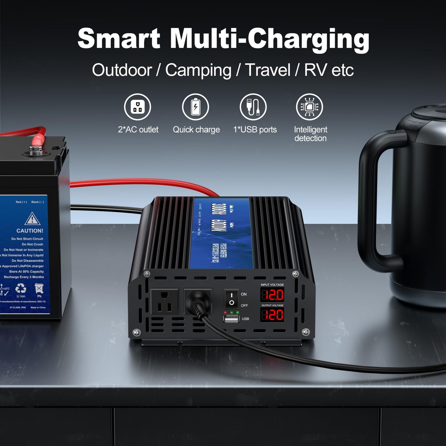 3000W Power Inverter,Peak Power 6000W 12V DC to AC 110V120V,Remote Control with 2AC Outlets and 2.4USB Port,LCD Display for Power Converter,Outdoor Activities,Emergency,Vehicles Truck RV Solar System