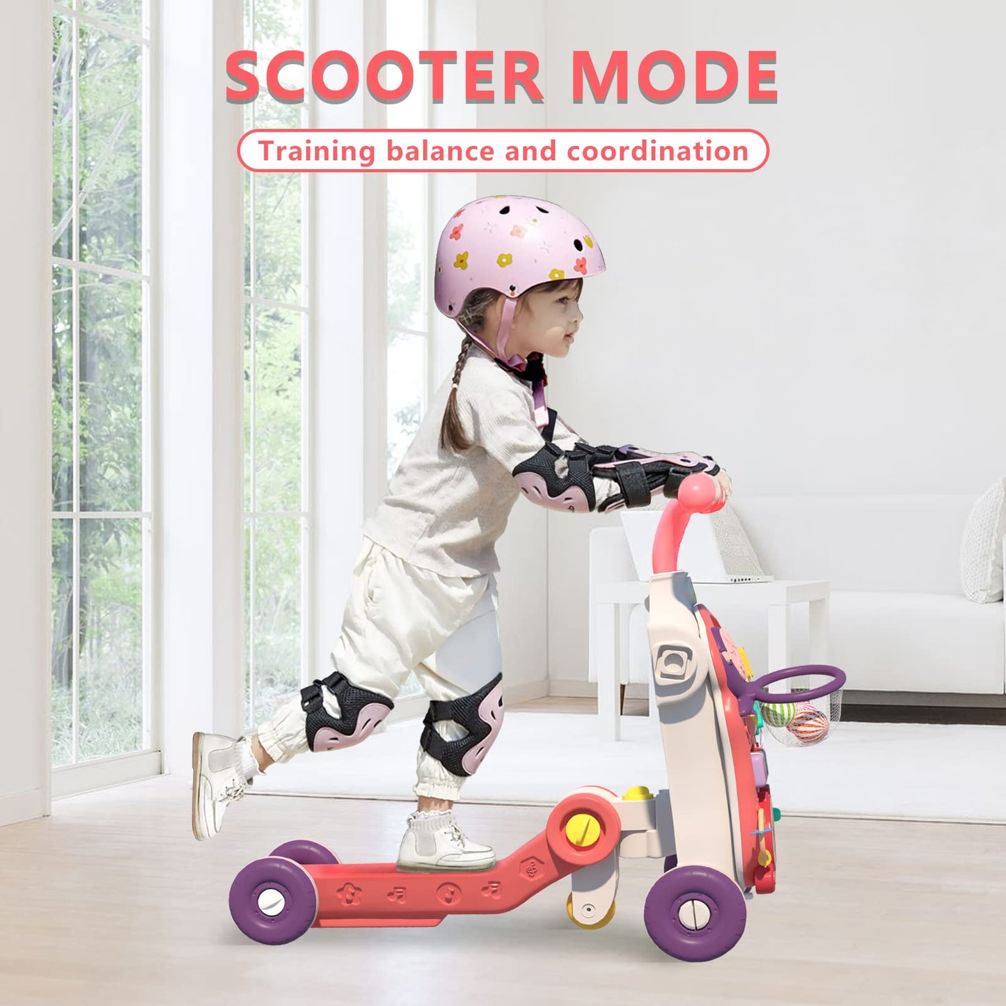 QDRAGON 5 in 1 Walker for Baby Girl, Baby Push Walkers, Assemble as Scooter/Motorbike/Activity Center/Detachable Panel, Walking Toys for Infants 6-12 Months, Red