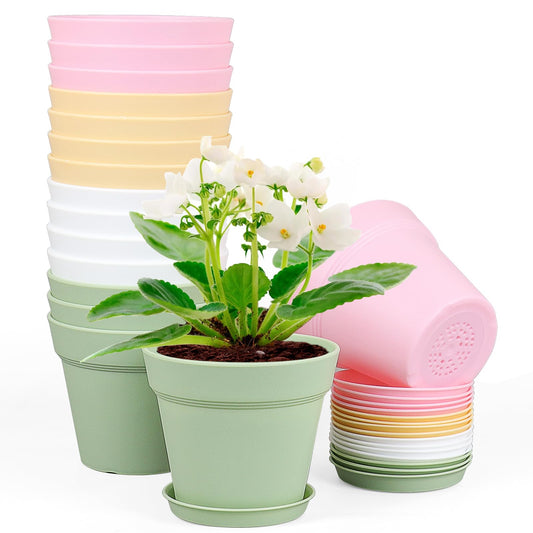 Meowell 6 inch Plastic Nursery Pots, 16 Pack Plant Pots for Indoor Outdoor Plants, Flower Pots with Drainage Holes and Saucers, Decorative Seedling Starter Planters for House Plants, Colorful