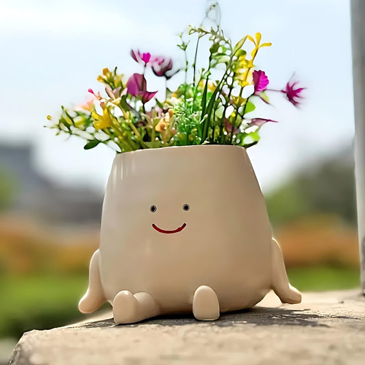 Kudriod Smiley Face Planter Pot – Small Cute Resin Flower Head Planter with Drainage Hole, Succulent Pot for Indoor & Outdoor Home Décor