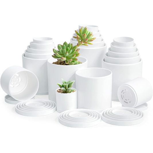 D'vine Dev Pack of 20 Plastic Plant Pots (4 Set of 2 Inch, 2.5 Inch, 3 Inch, 3.5 Inch, 4 Inch) Small Garden Planter Pots for Plant with Drainage Holes and Saucers, White, 74-U-A