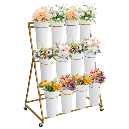 Garvee Flower Display Stand,3 Tier Flower Cart with 12 Round Buckets and Wheels, Moving Flower Cart Display Stand for Garden, Wedding, Flower Shop,Gold
