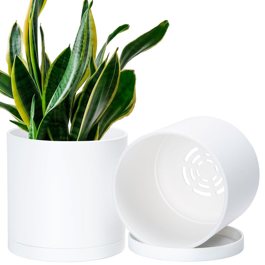 D'vine Dev 2 Pack 6.5 Inch Modern Plastic Plant Pots, Small Garden Planters for Plant with Drainage Holes and Saucers, White Color, 74-Z-L-1
