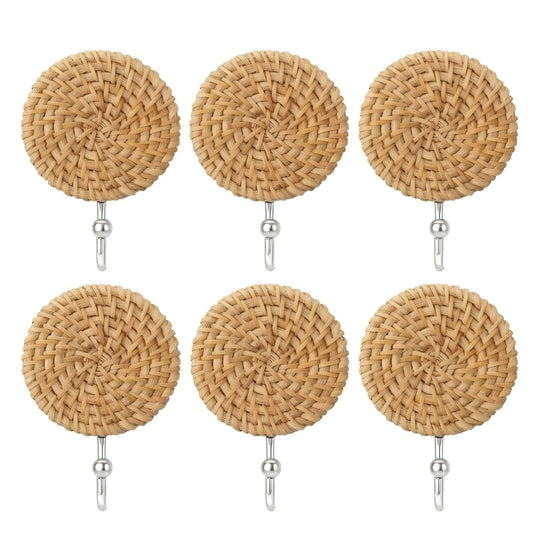 6 Pcs Boho Rattan Wall Towel Hooks, Wood Towel Hook Boho Decorative Wall Hooks with Vintage Boho Shelves Hooks, Easy Install Bohemian Wicker Hanging Hook for Coats, Boho Rattan Wall Hooks Decor