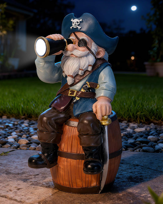 GaloTrek Solar Garden Gnome Statues Funny Resin Pirate Gnome Decorations Sitting on Wine Barrel Outdoor Figurines for Yard Patio Mom Gift