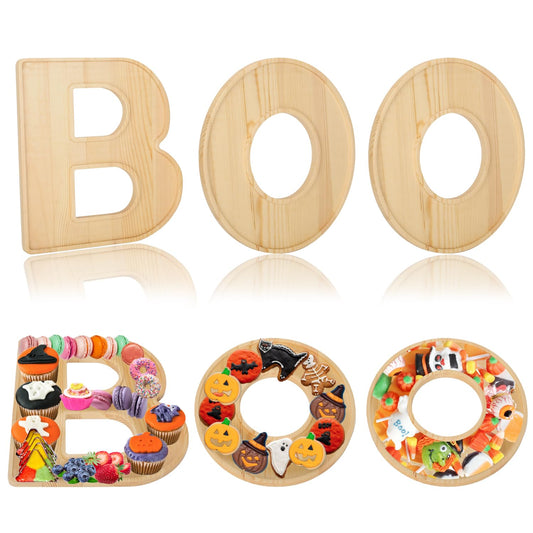 3pcs The Letters Boo Wooden Charcuterie Board, 12 Inch Larger Halloween Food Trays, Fillable The Letters Shaped Serving Platter for Snack Candy Cookie Dessert, Perfect for Halloween Party Decoration