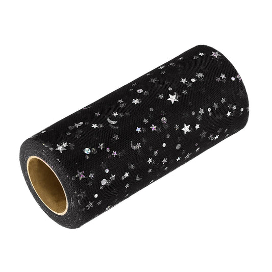 DEFANEX Glitter Tulle Ribbon (6 Inch x 25 Yards) - Star Moon Pattern Wide Mesh Ribbon Sparkle Fabric Tulle Rolls, for DIY Tutu Skirt Bow Wedding Decor Gift Wrapping, Black