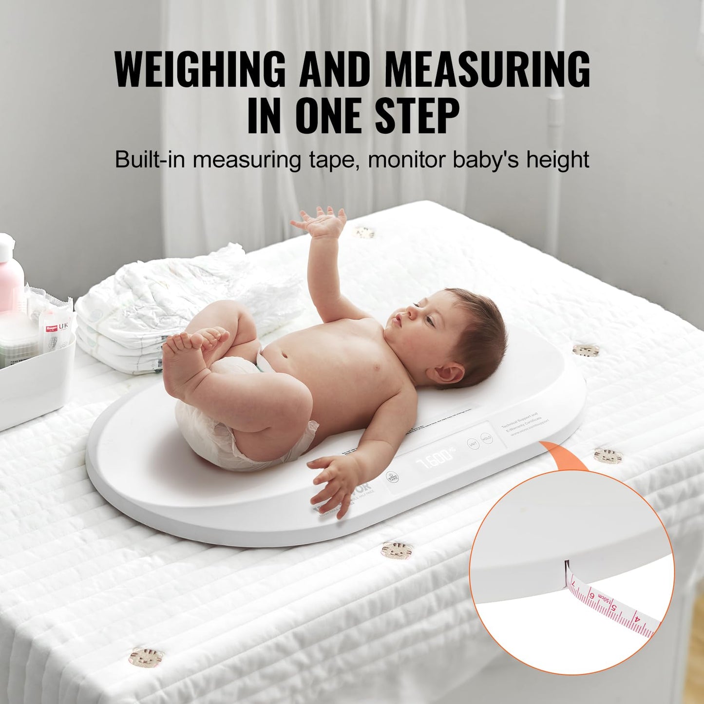 VEVOR Baby Scale, Digital Infant Scale with Measuring Tape, Multi-Function Toddler Scale for Weight and Height Track - with Hold & Tare Function, 5 Units for Babies, Toddlers, Pets, 88LBS Capacity