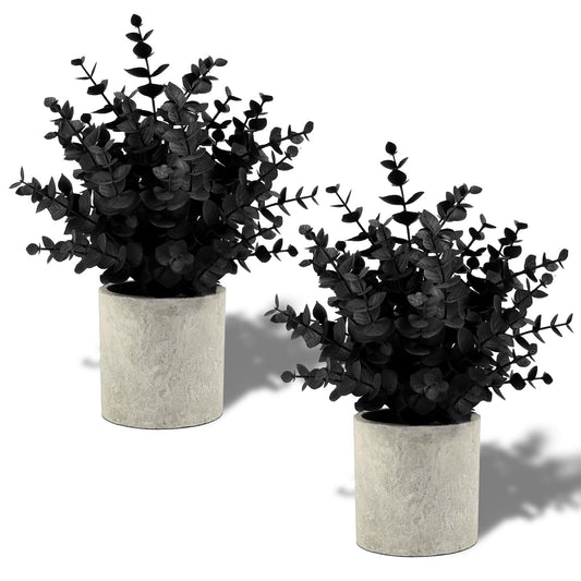 Coferset 2 Pack Black Fake Eucalyptus Small Fake Plants Potted Artificial Plants for Halloween Shelf Desk Home Farmhouse Room Coffee Table Decor Bathroom Decor (Black)