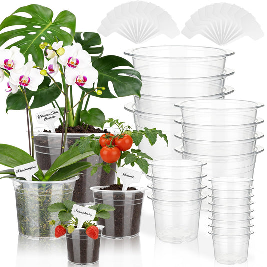 Ysglory 20 Pcs Clear Nursery Pots 4/6/7/10 Inch Plastic Plant Pots with Drainage Holes for Seed Starting Planters Transparent Reusable Seedlings Pot - 20 Plant Labels