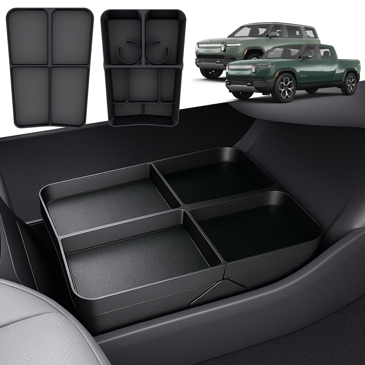 TWRAPS Floor Console Organizer for Rivian R1S & R1T 2021-2026, Lower Center Console Storage Tray Box Caddy with Premium Leather Liner Inserts, R1 Interior Accessory for Rivian