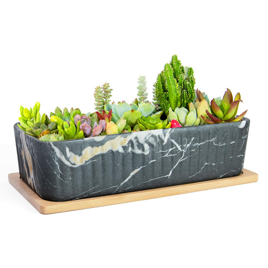 ARTKETTY Succulent Pots, Large Shallow Rectangle Planters with Drainage Tray, 12 Inch Long Window Sill Planter for Indoor Cactus Bonsai Plants, Ceramic Marble Window Box Planter Home Office Decor