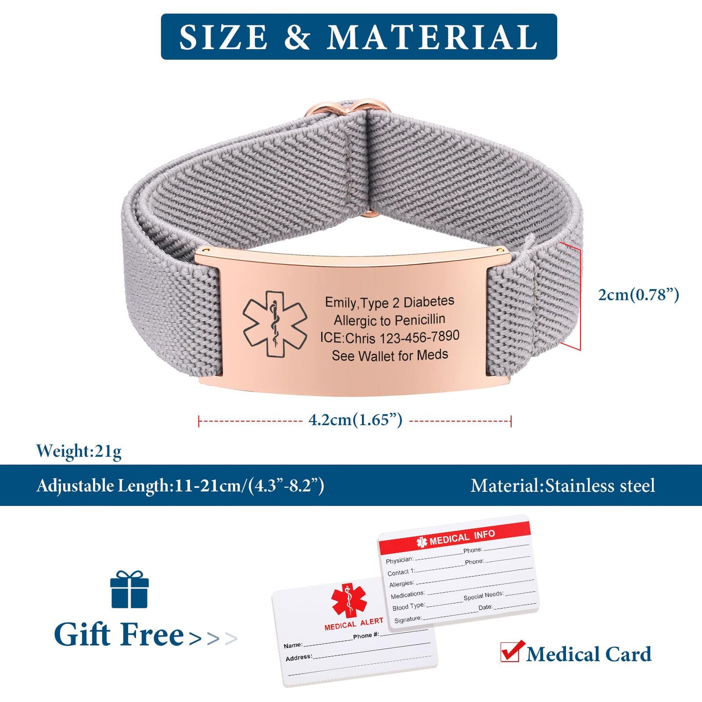 VNOX Medical Alert Id Bracelet for Women, Type 1 Diabetes Medical Alert Bracelets for Women Men Patients Stainless Steel Emergency Bracelets Wristband