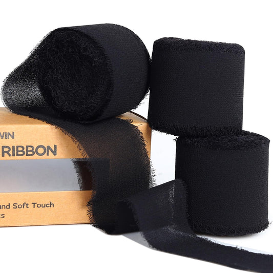 3 Rolls Black Handmade Fringe Chiffon Ribbon 1.5" x 7Yd Silk-Like Colorful Rustic Ribbon for Bouquets Wrapping Decor Wedding Tie Invitations Crafts