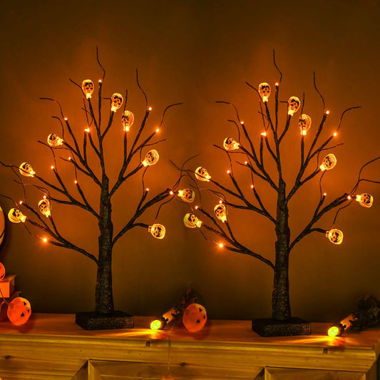 ZHOUDUIDUI 2Pack Halloween Tree, Black Spooky Tree with 24LED Orange Lights and 10 Pumpkin Ornaments Battery Powered 18IN Lighted Halloween Bonsai Tree for Indoor Tabletop Halloween Party Decoration