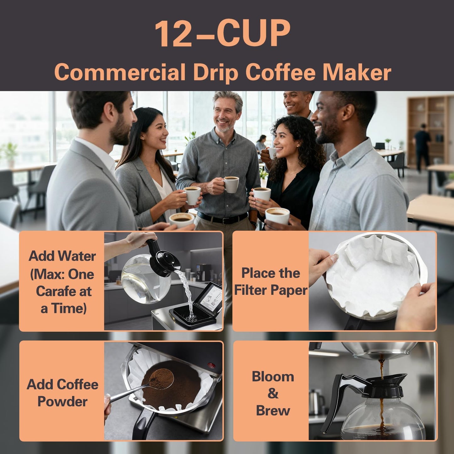 VONCI 1610W Commercial Coffee Maker, 12 Cup Drip Coffee Machine, 2 Glass Carafes and 2 Warmers, Stainless Steel Housing & Funnel, Industrial Coffee Maker for Offices, Hotels, Home
