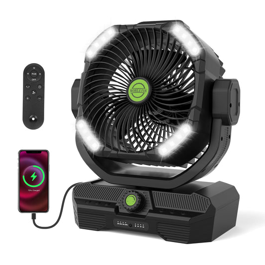 RUNTOP 45000mAh Large Battery Operated Fan, High Speed Oscillating Camping Fan with Remote,Quiet Adjustable Tilt Rechargeable Fans, Battery Powered fansfor Tent Home Office, Bedroom Travel (Black)
