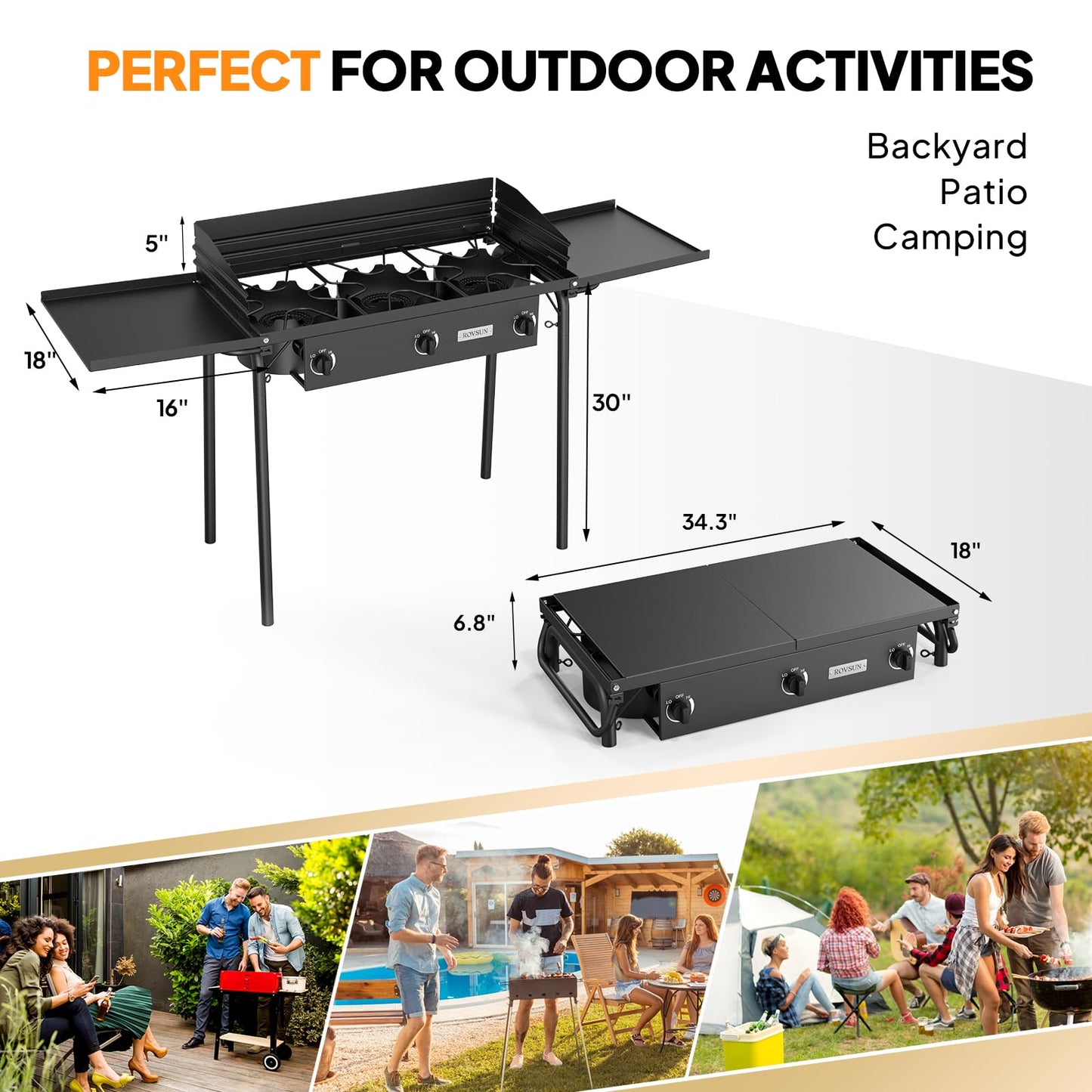 ROVSUN 3 Burner Gas Stove with 2 Side Shelves, 225,000BTU Portable Propane Stove with Removable Leg, Wind Panel, Regulator for Camping Home Backyard Outdoor Cooking Brewing Canning Turkey Frying