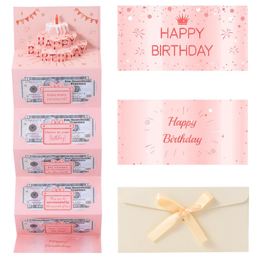 HOMANGA Birthday Money Envelope for Cash Gifts, Birthday Money Holder with 3D Cake, Birthdays Cash Gift for Men Women Girls Boys (Pink)